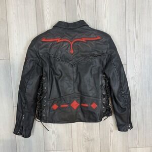 Vintage NWF Women's Large Black Leather Motorcycle Jacket W/ Red Inlay Detail